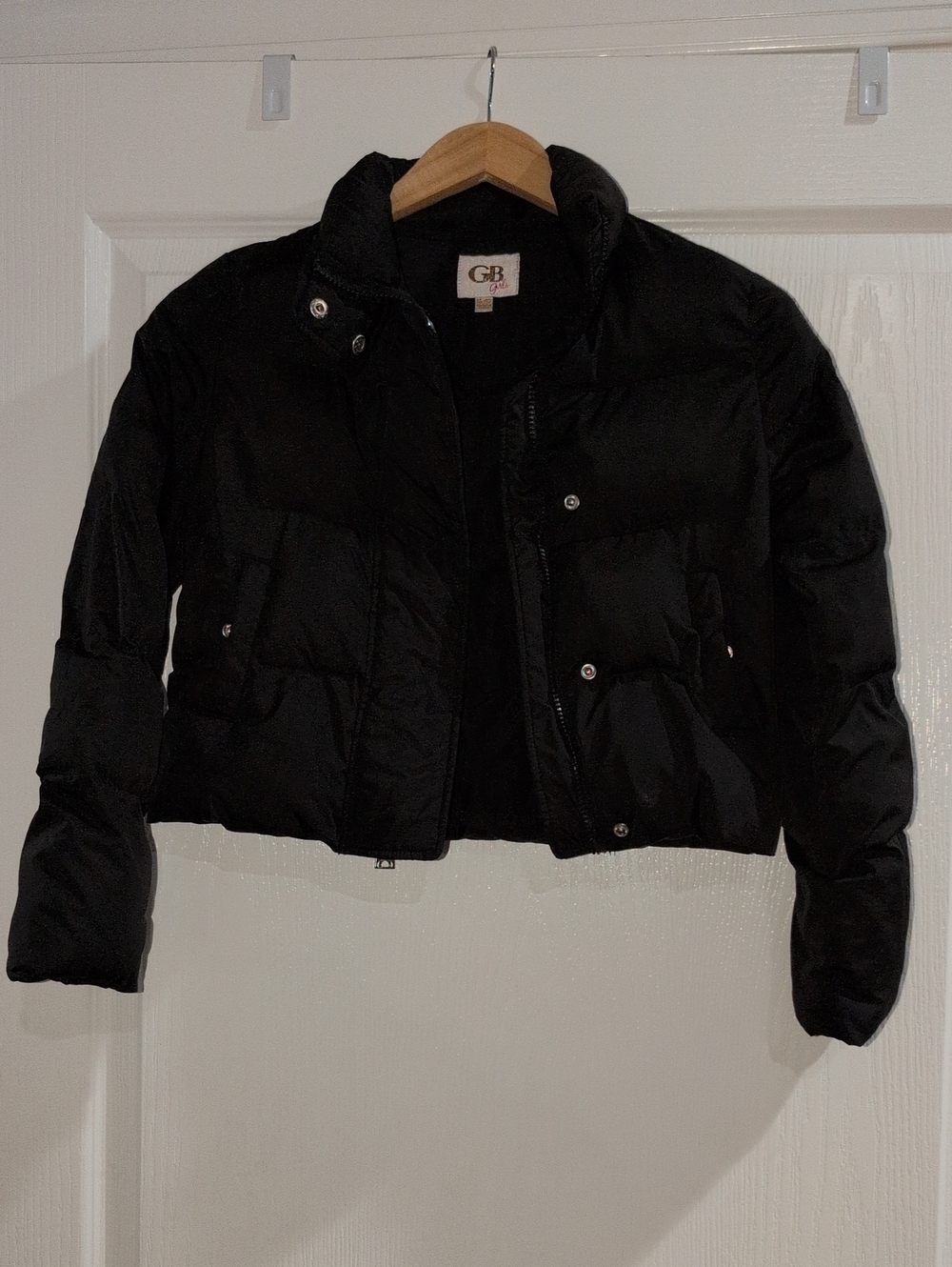 GB Girls Black Cropped Puffer Jacket Size 10/12 Zip Snap Winter Coat